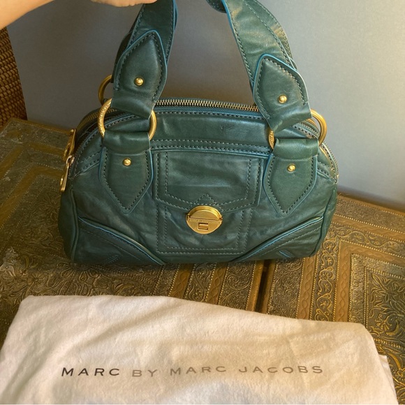 Marc by Marc Jacobs satchel leather plaid lining compartments green gold - Picture 13 of 16